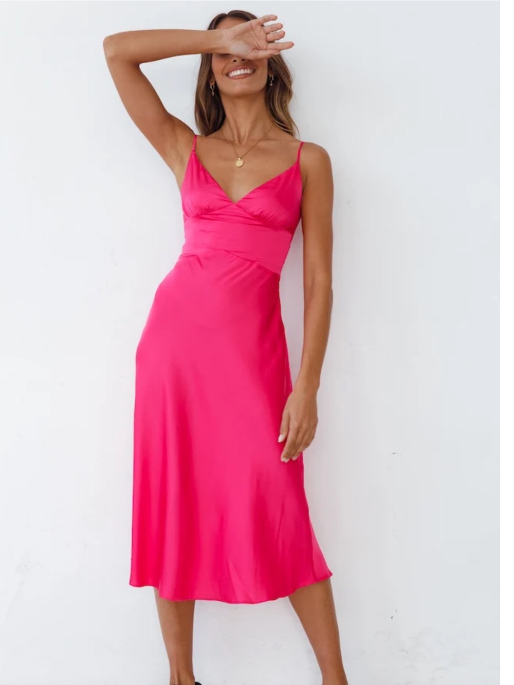 Hello Molly pink satiny slip dress with v neck size large/8